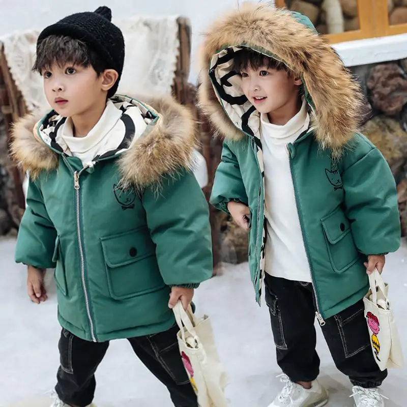 

Reversible Design Baby Boy's Down Jackets Warm Children Down Parkas Coats Natural Fur Kids Thick Outerwear For Cold Winter 10 12
