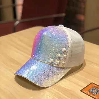 women summer snapback hat sequins pearls baseball hat net sunshade hat glittering fashion baseball hat 2020 new