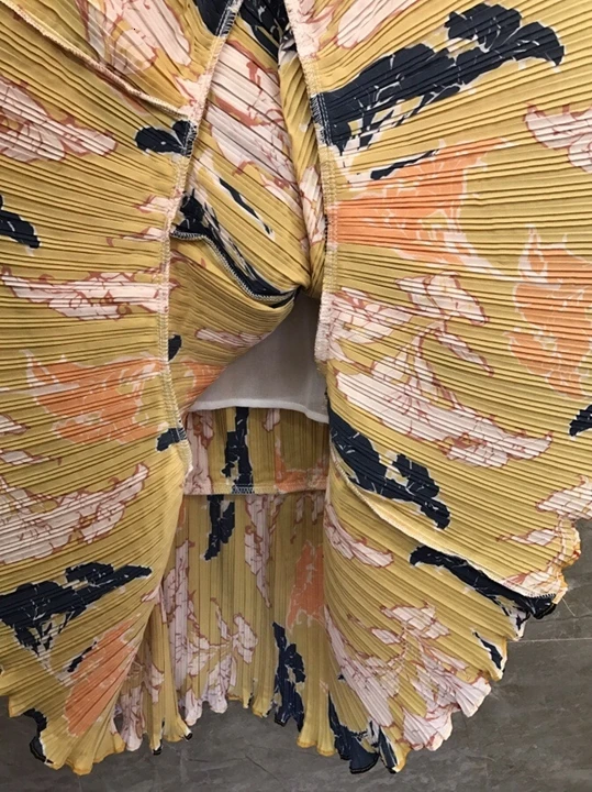 Early Autumn New Female Necktie Knotted Decorative Printed Pleated Long Dress 902