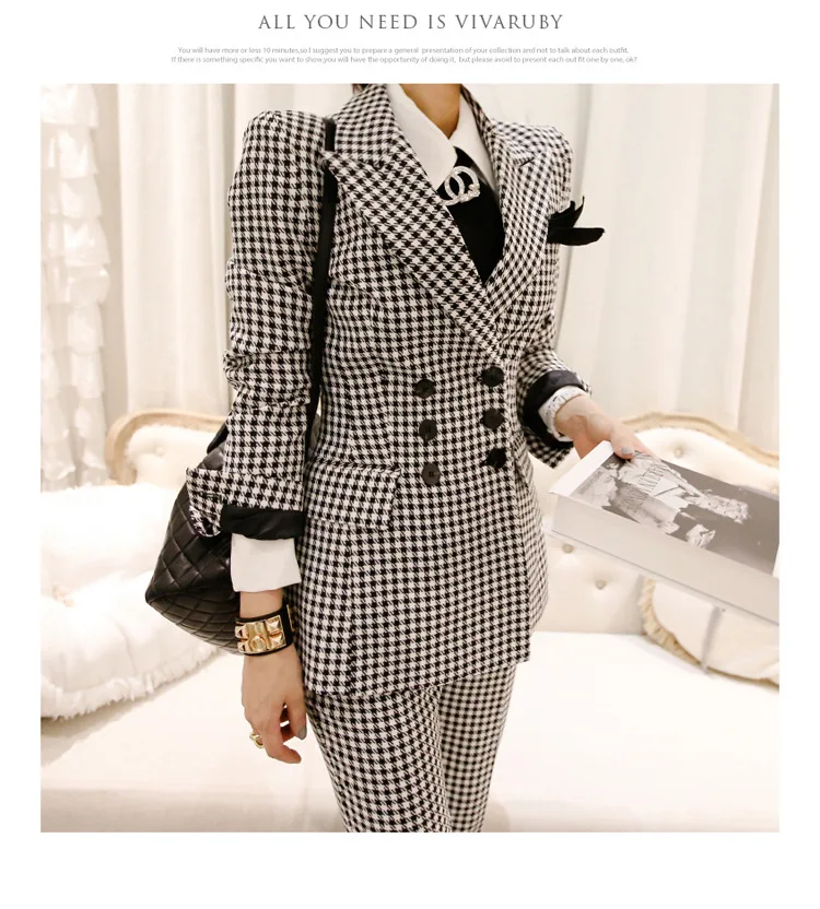 Plus Size Autumn Winter Formal Office Two Piece Set for Women Houndstooth Blazer and Pants Women Casual Sheath 2 Piece Set