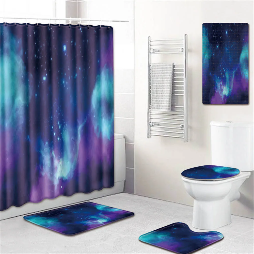 

5pcs/set Colorful Painting Print Waterproof Bathroom Shower Curtain Flannel Anti-slip Pedestal Rug Lid Toilet Cover Bath Mat
