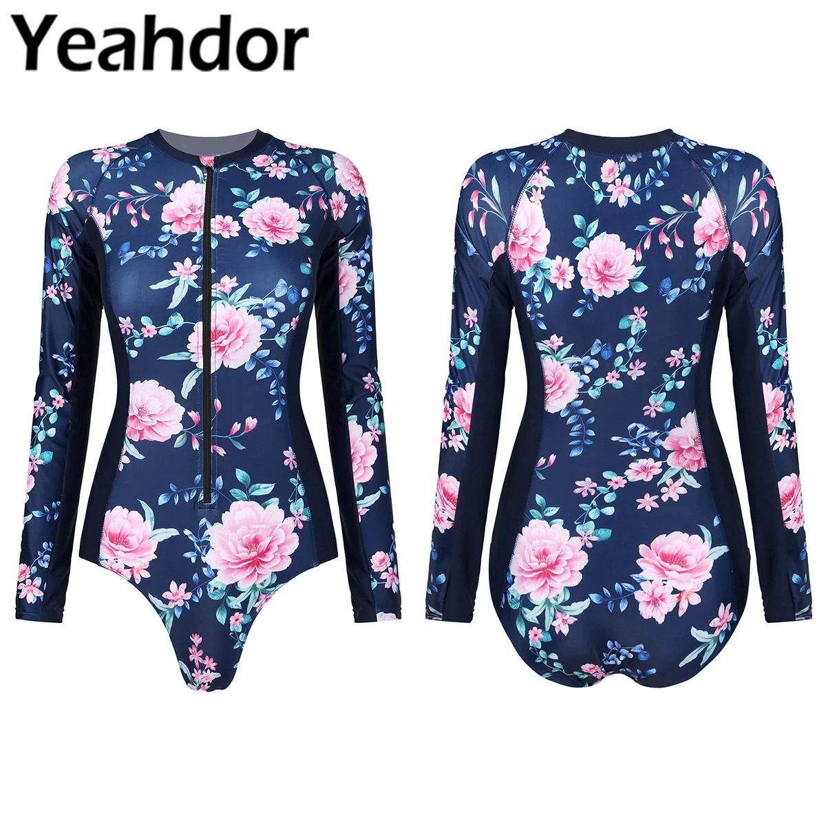 

Womens Floral Printed Swimwear Beachwear UV Sun Protection Rash Guard Long Sleeve Zipper Swimsuit Female Swimming Bathing Suit