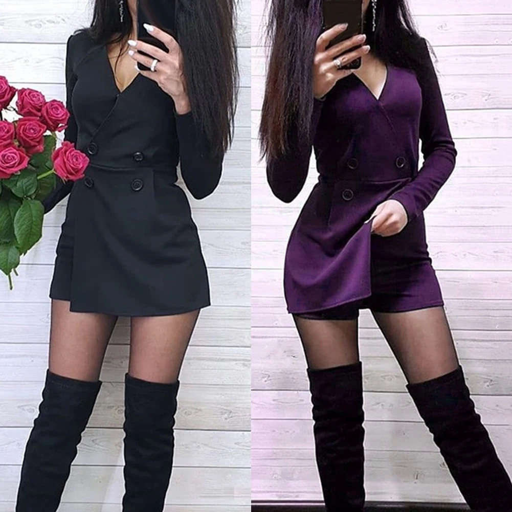 Зимний короткий костюм женский двубортный облегающий однотонный короткий комбинезон с длинными рукавами