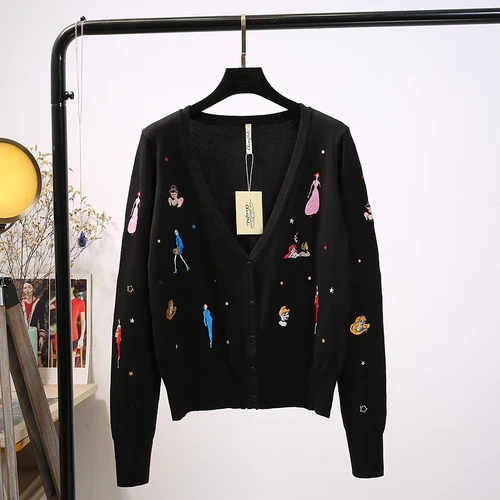 Knitted Sweater Women's Coat Autumn New Fashion Embroidered Thin Long Sleeve Short Sweater Women's Cardigan - Цвет: Черный