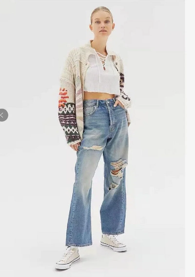 

Women Loose High Waist Jeans 2021 New Fashion Ripped Denim Pants Casual Streetwear Washed Denim Straight Trousers