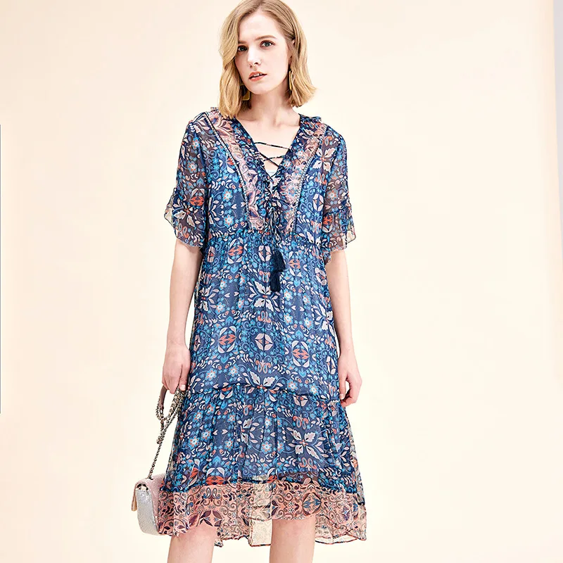 

blue chiffon retro floral silk dresses women 2020 summer long casual office work beach boho party dress plus size loose dropship
