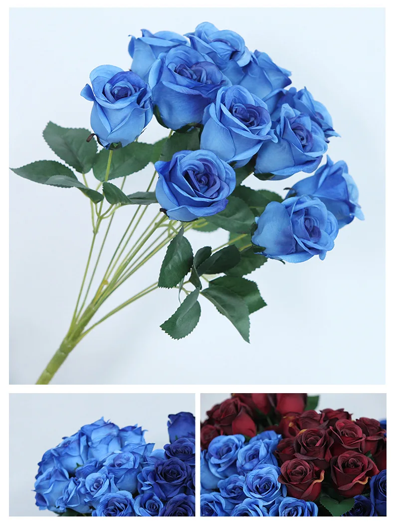 JAROWN 12 Heads Silk Roses Bride Holding Flowers Royal Blue Fake Rose Flowers Home Wedding Arch Table Decor Artificial Flower (43)