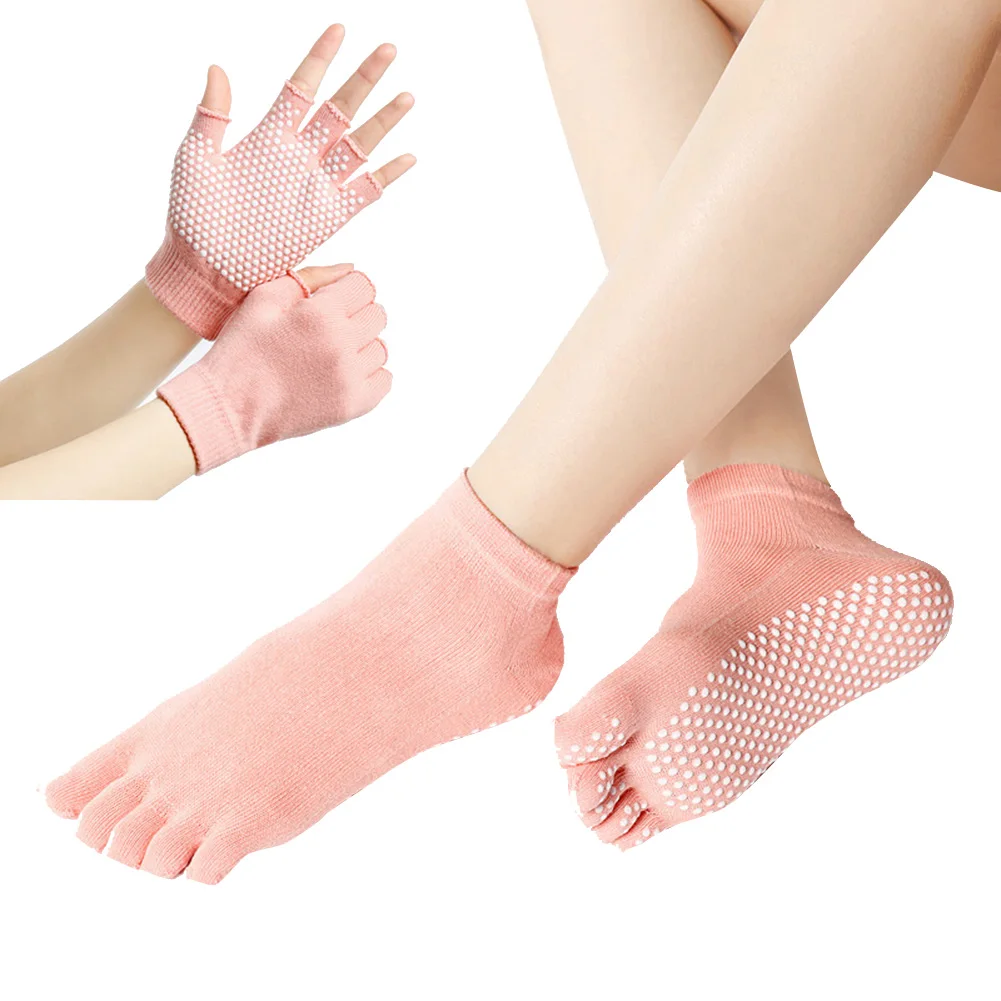 Pink Full finger Новые спортивные носки и Перчатки для фитнеса и йоги, набор дышащих Противоскользящих перчаток с пятью носками SD669 - Цвет: Pink Full finger