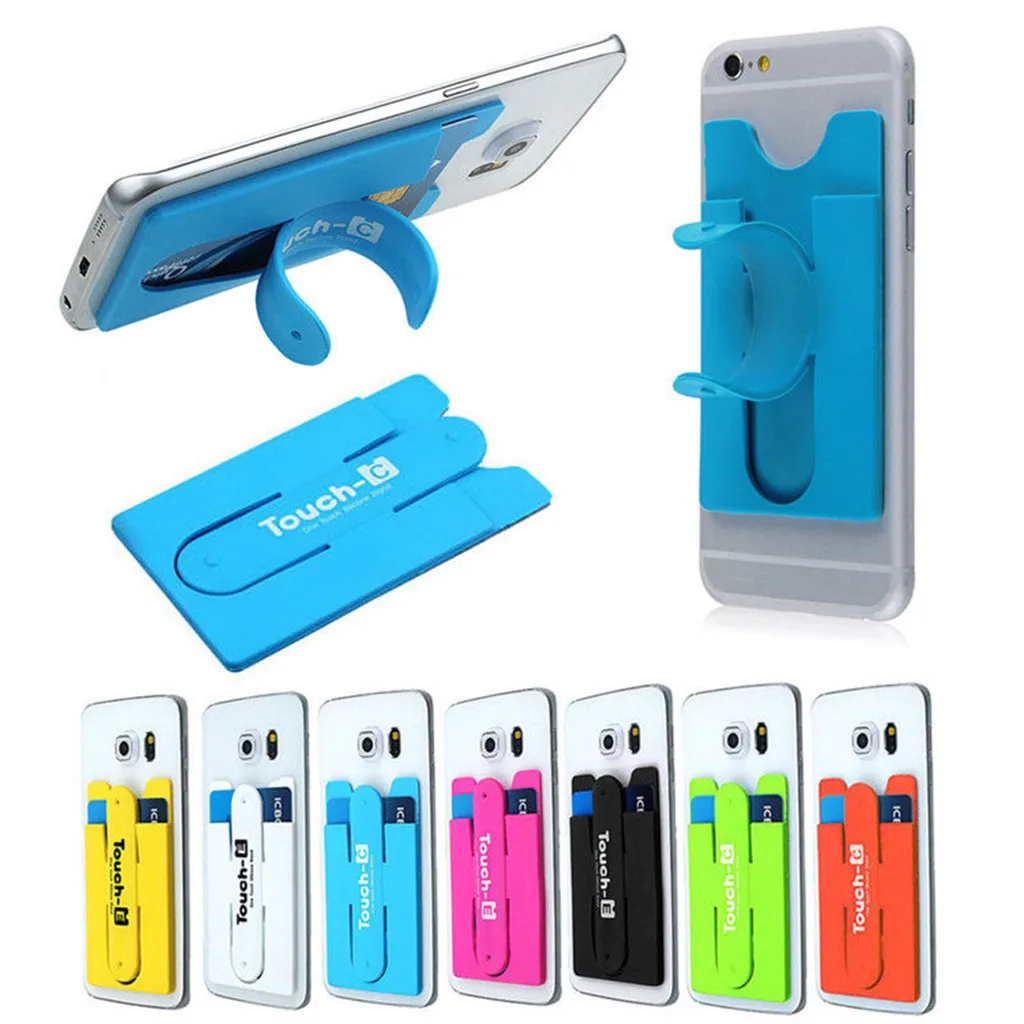 Silicone Adhesive Cell Phone Back Cover Credit Card Pouch Holder Stand