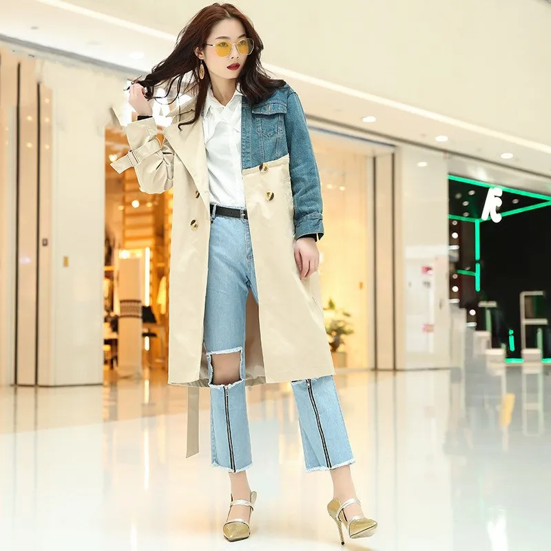 

Lapel Long Sleeve Khaki Denim Stitcing Loose Sashes Trench Korean 2019 Autumn Oversized Patchwork Windbreaker
