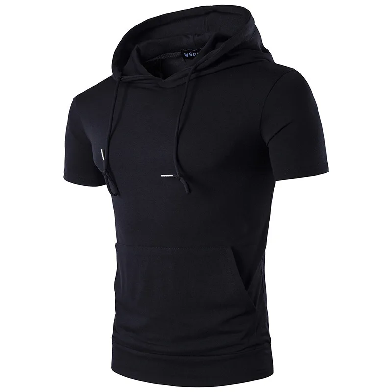 

Summer Men Hooded Large Pocket Solid Color Large Size High Street Hip Hop Short Sleeve T-shirt Mens Hooded T