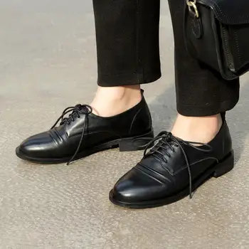 

SARAIRIS New Female Low Heels Genuine Leather Pumps Fashion lace-up Pleated Pumps Women Mature Black Dress Shoes Woman