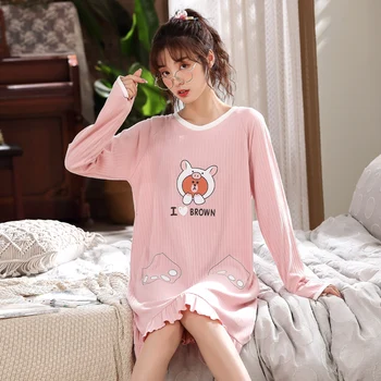

2020 Autumn Winter Ladies Cartoon print Loose Long Nightdress Home O Collar Long-sleeved Nightdress