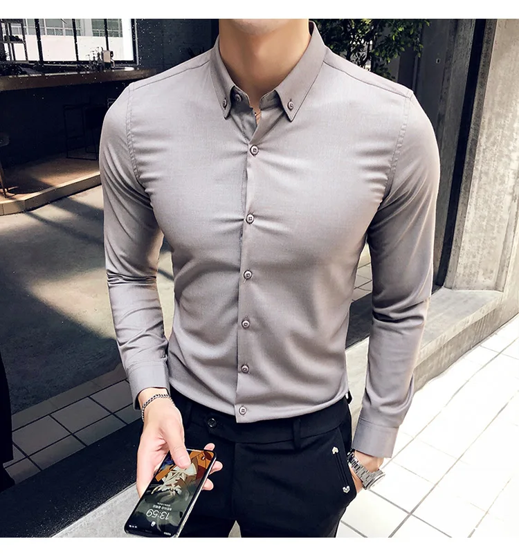 Мода мужские рубашки осенние новые мужские рубашки с длинными рукавами универсальная однотонная мужская рубашка в полоску Homme Club Tuxedo