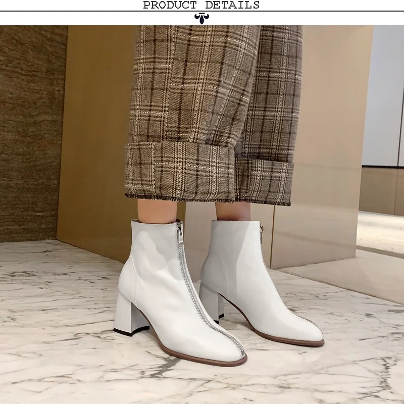 ZVQ-зимние Новые Модные ботильоны женская обувь из натуральной кожи на высоком каблуке с круглым носком и молнией спереди Прямая поставка, размер 33-40