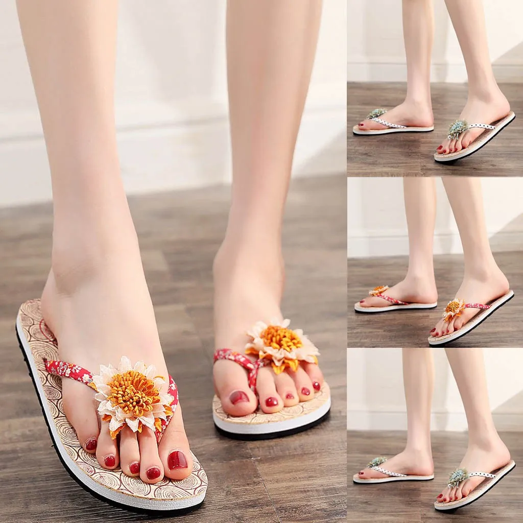 

shoes woman slippers indoor zapatos de mujer Summer Women's Non-Slip Flower Flip Flops Sandals Flat Beach Slippers Shoes