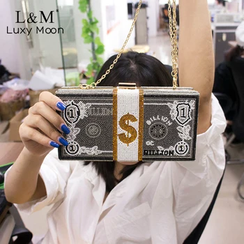 

Shiny Dollar Diamonds Evening Clutch Bag Handbags Women 2020 Luxury Designer Small Square Chain Rhinestones Shoulder Bag XA13HT