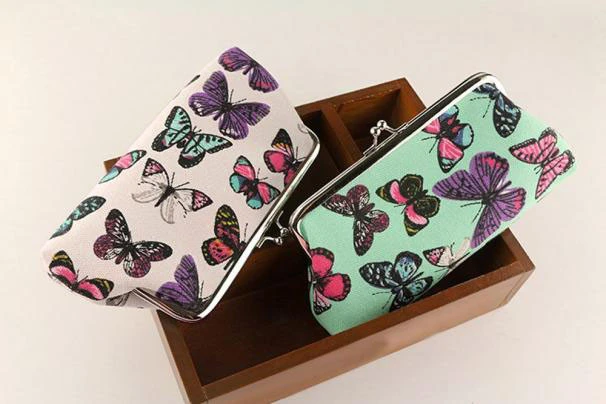 Fashion Woman Purses Elegant Butterflies Canvas Student Pink Wallet For Mobile Phone Green Long Coin Purse For Girl Gifts 814