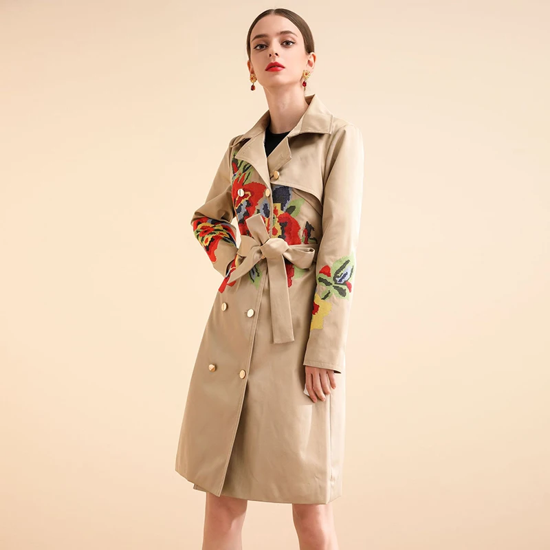 Khaki AELESEEN/весна, Офисная Женская ветровка, дизайн для подиума, роскошное крестовое пальто с цветочной вышивкой, длинное пальто с поясом - Цвет: Khaki