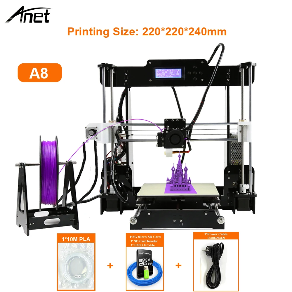 Anet A8 A6 Impresora 3d принтер Высокая точность impresora 3D алюминиевый горячий экструдер DIY комплект нити 8 г SD карта 3d принтер