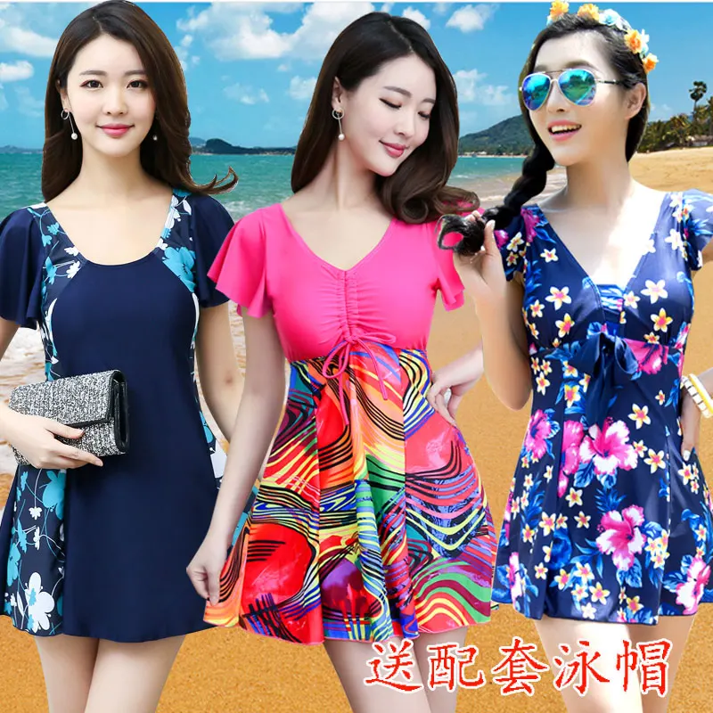 Swimwear Sleeved Middle-aged Mom Extra Size Dress-Boxer Belly Covering Slimming Large Bubble Hot Spring WOMEN'S Swimsuit | Спорт и