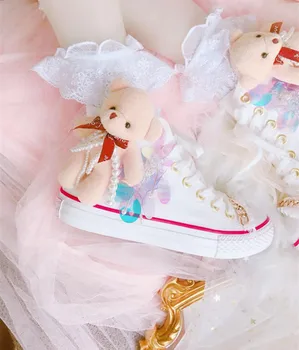 

Cute bear loli canvas shoes strap sweet cute princess casual shoes japanese Sweet Lolita Shoes Low help Victoria Kawaii cos