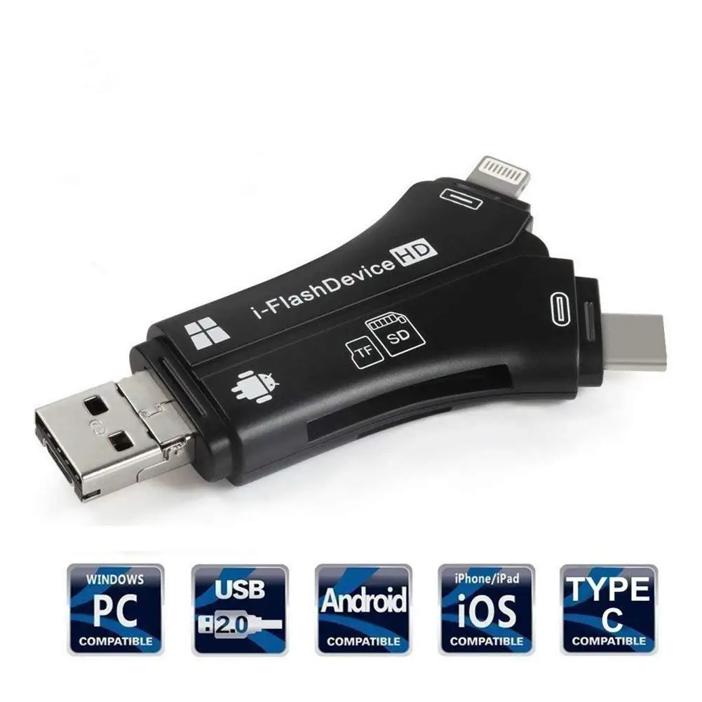 4 в 1 i флэш-накопитель usb type C Micro SD и TF кардридер адаптер для iPhone pro 11 X max 5 6 7 8 для iPad Macbook Android камера - Цвет: black