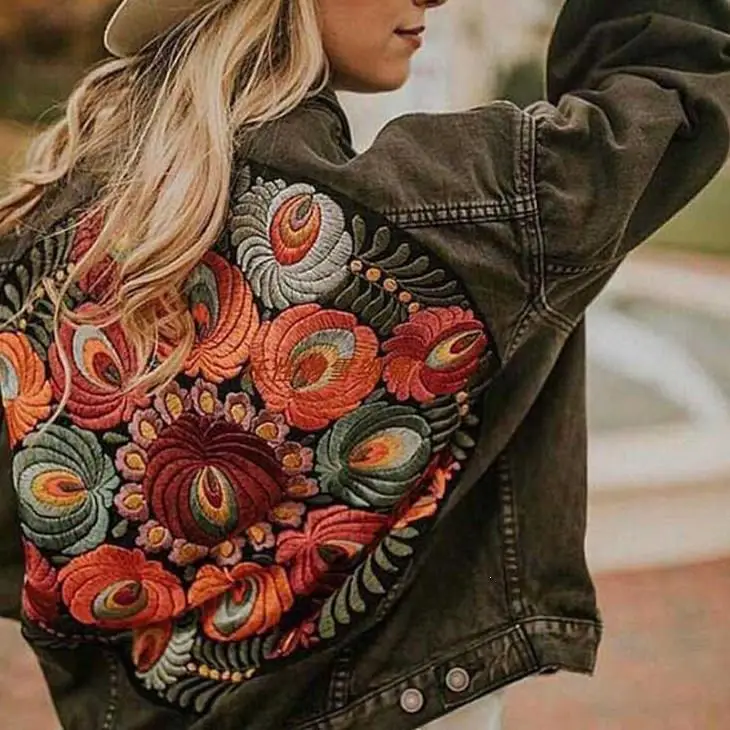 

Colorful Floral Embroidered Coat Oversized Long Sleeve Denim Jacket Streetwear Fashion Woman Multi Floral Jacket Coat