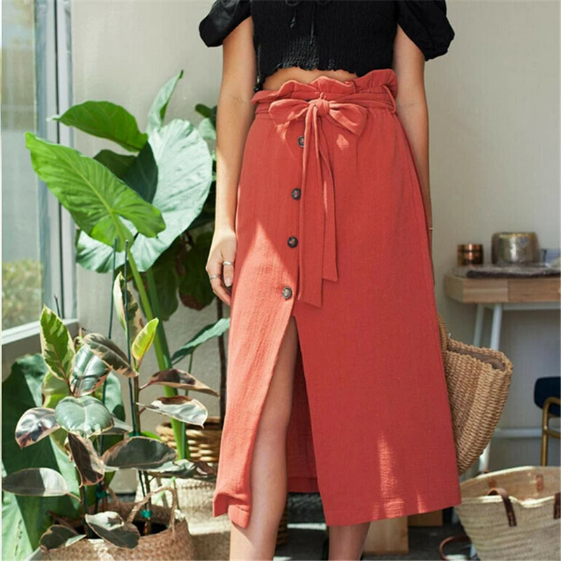 Women Skirt Button Ruffle High Waist Skirt Womens Skirts Maxi Split A Line Skirts Faldas Mujer Moda Casual Streetwear