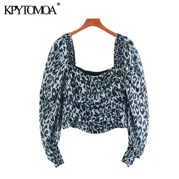 

KPYTOMOA Women 2020 Fashion Leopard Print Pleated Cropped Blouses Vintage Puff Sleeve Side Zipper Female Shirts Blusas Chic Tops