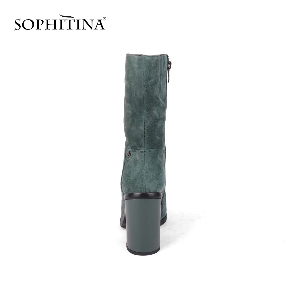 SOPHITINA/Модные женские ботинки из натуральной кожи. Удобные замшевые ботильконы высокого качества с острым носком на квадратном каблуке. Новые женские однотонные ботинки.Теплая обувь с молнием на модном каблуке.SC211