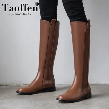 

Taoffen High Quality Real Leather Women Knee High Boots Retro Winter Warm Fur Office Work Shoes Women Flats Long Boot Size 34-39