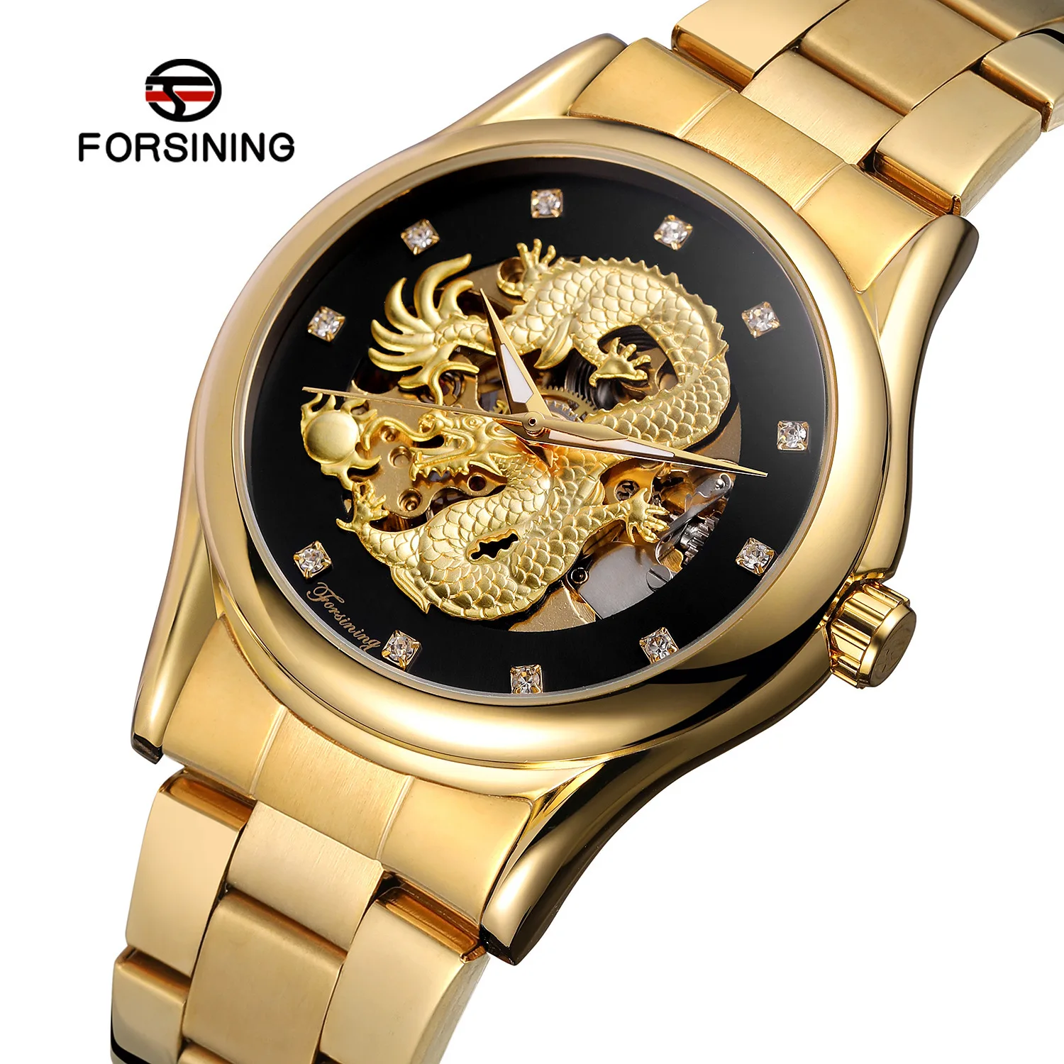 

Forsining Europe And America Style Fashion Casual Steel Belt Dragon Table Hollow out Waterproof Automatic Machine Watch