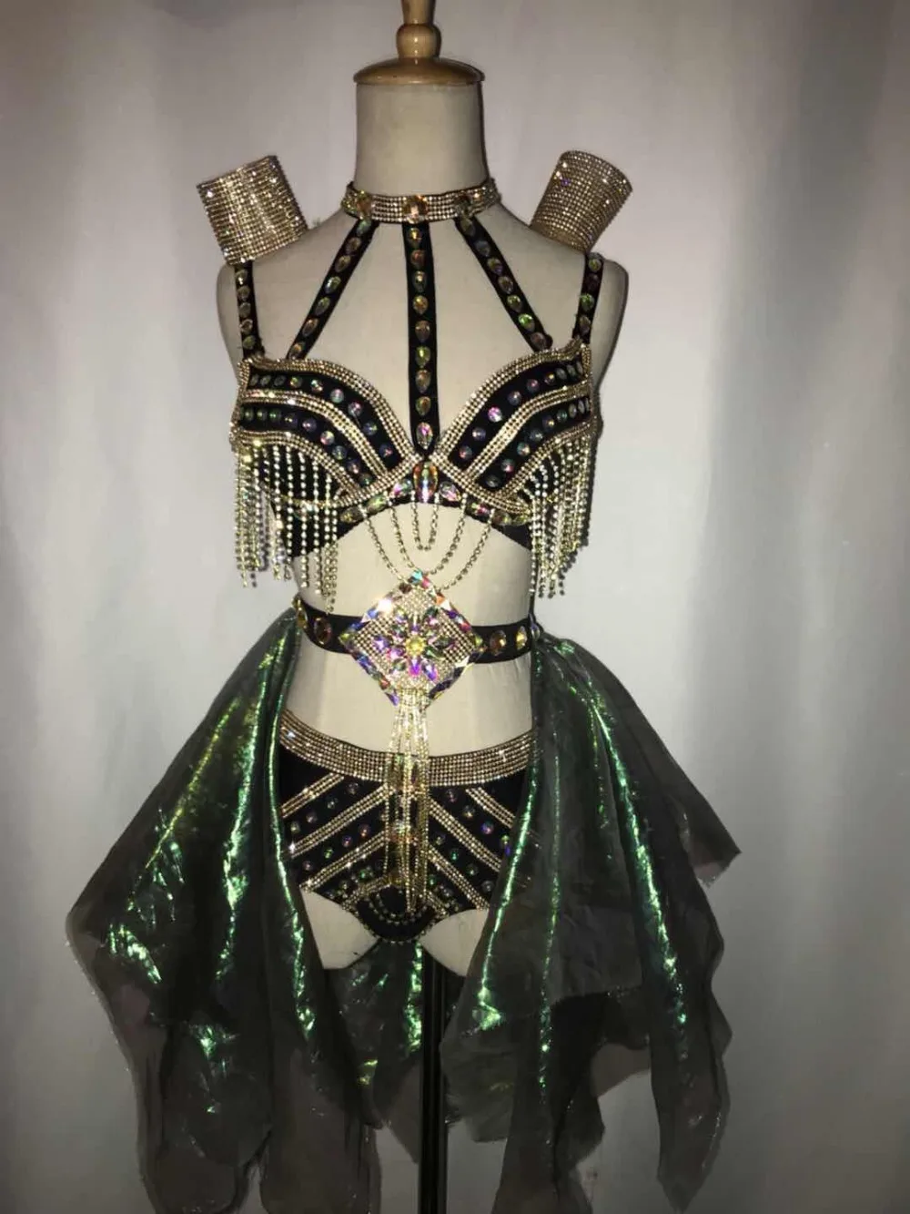 Ночной клуб бар вечерние шоу для женщин сценический наряд певица танцор DJ DS кристаллы Костюм блестящие стразы кисточки бикини набор