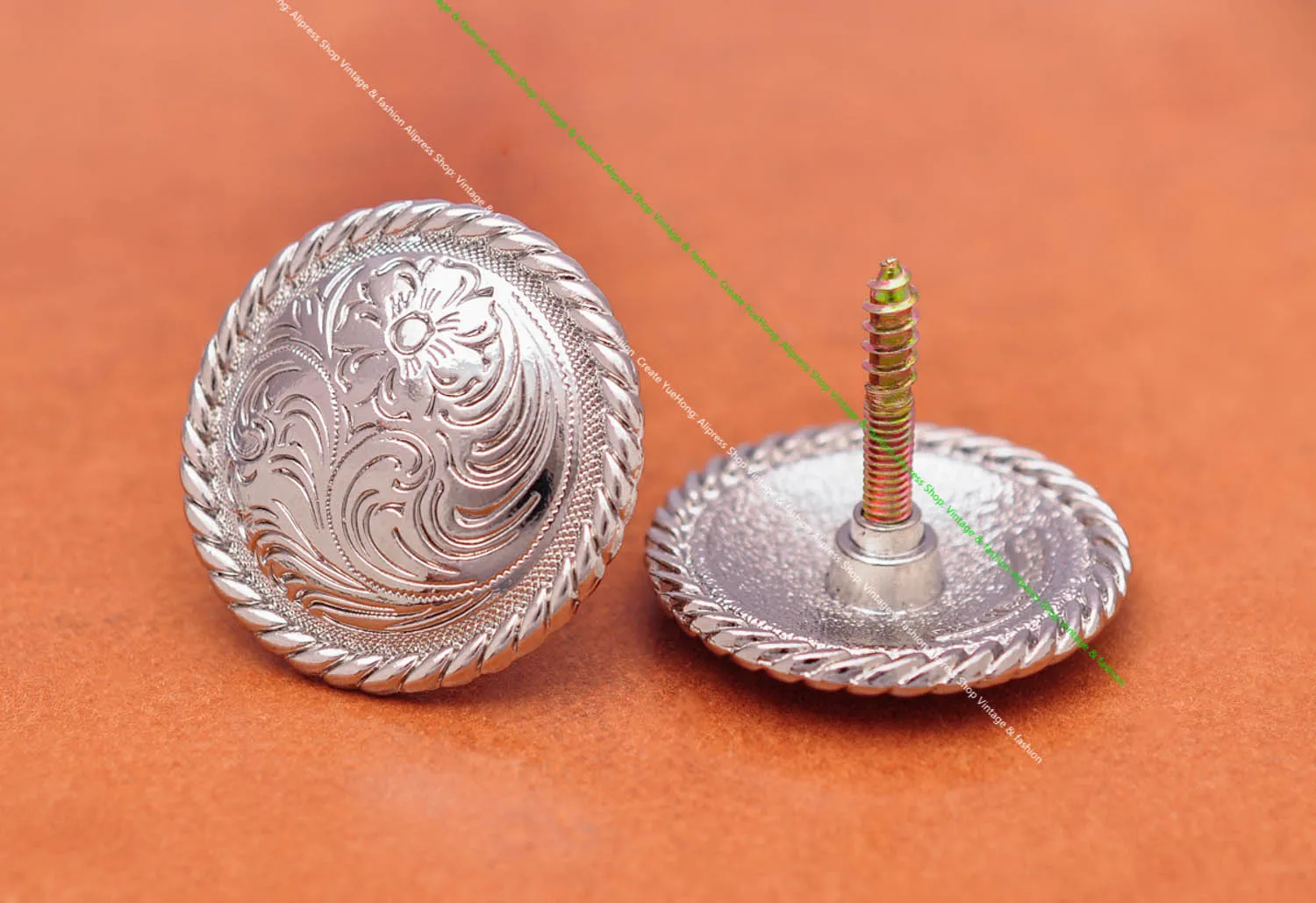 6 Stück 37 mm silberne westliche Blume, geschnitzter Pferdesattel, Kopfstall, Zaumzeug, Conchos-Verschluss mit langem Schraubverschluss