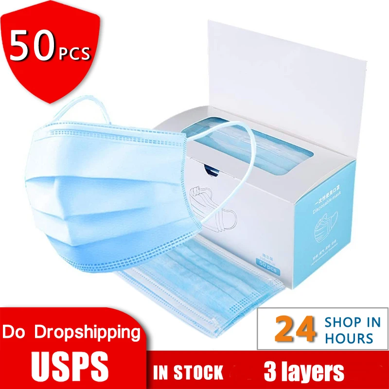 

50pcs Anti-Dust Dustproof Disposable Masks Earloop Face Mouth Mask Facial Protective Cover 3 Layers NO BOX