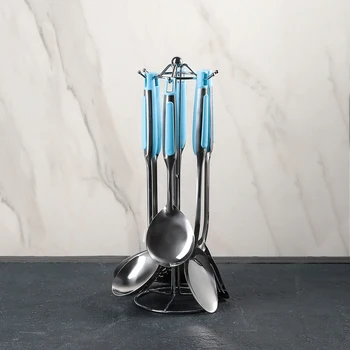

Blue set of kitchen utensils, 6 pieces, on a stand