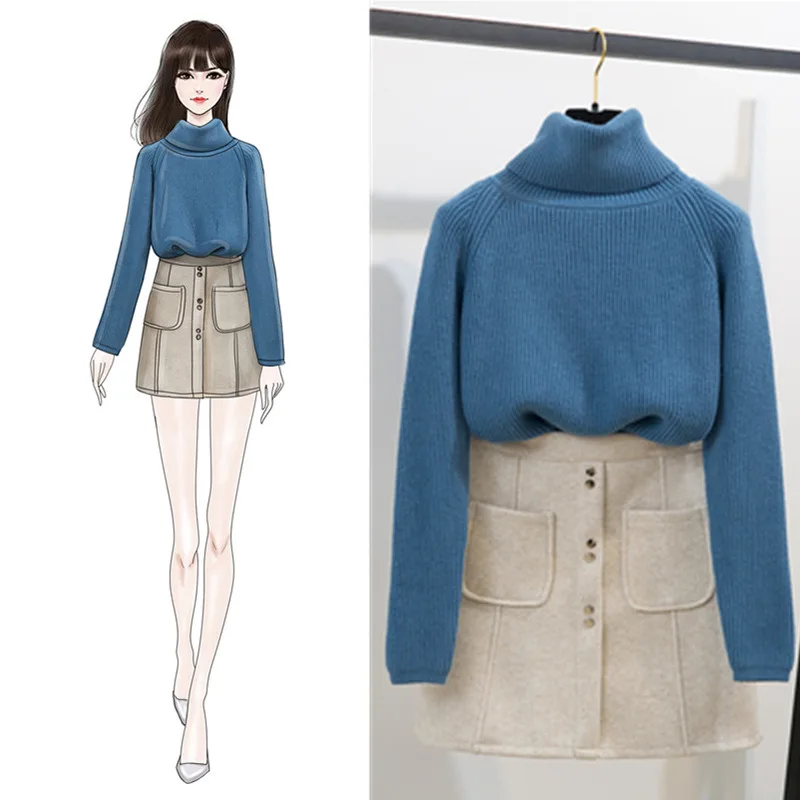 

2019 Winter New Style Elegant Two-Piece Set High Collar Loose-Fit Knitted Sweater Base Shirt Woolen Skirt Women's