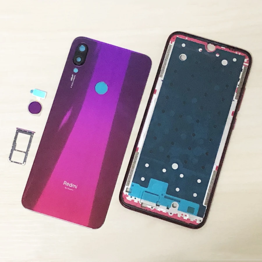 Для Xiaomi Redmi Note 7/Note 7 Pro стеклянная задняя крышка батарейного отсека задняя дверь корпус+ средняя рамка поддержка LCD передняя - Цвет: Red ( fingerprint )