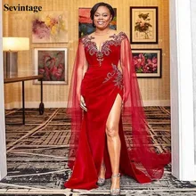 

Sevintage Red Mermaid Split Side Evening Dresses Appliques Lace Tulle Watteau Train Prom Gowns Pleats Party Dress Black Girls