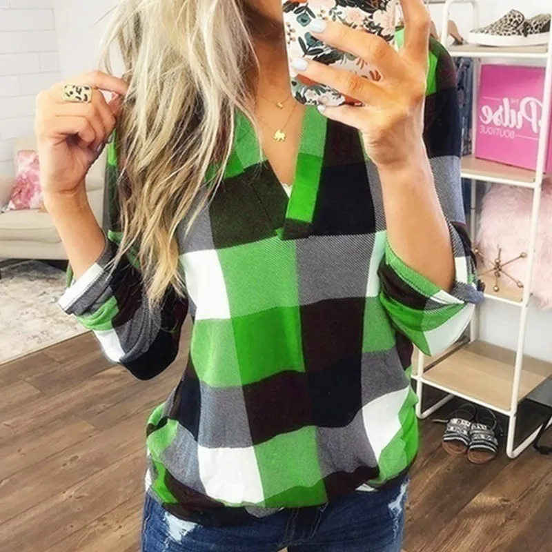 Women Casual Plaid Blouse Long Sleeve V Neck Sexy Shirt Womens Loose Fashion Jacket Shirt Top 2019 Autumn Winter Women Tops