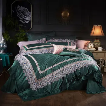 

New home American-style lace silk cotton 4-piece bedding set emerald satin kit bedsheet home textile bedding