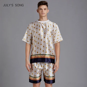 

JULY'S SONG Summer Satin Men Pajamas Sets Casual Printed O Neck Short Sleeve T-Shirts Shorts Comfortable Male Pijamas Sleepwear