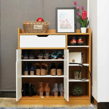 

17 Pairs Wooden Shoe Rack Space-saving Multiple Layers Storage Shelf Doorway Simple Economical Shoe Cabinet with Drawer