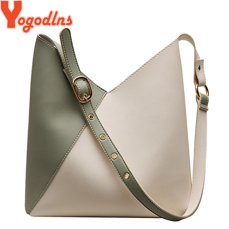 

Yogodlns 2pcs/set High Quality Microfiber Leather Contrast Colour Blocking Bucket Handbags Tote Shoulder Bags Women Female 2019