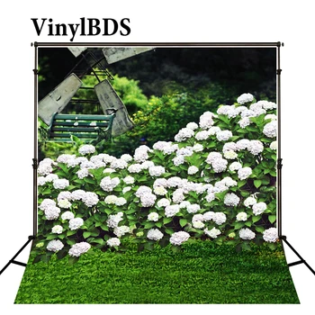 

VinylBDS White Flower Wall Wedding Backdrops Background For Photo Green Lawn Windmill Valentine Photography Backdrops