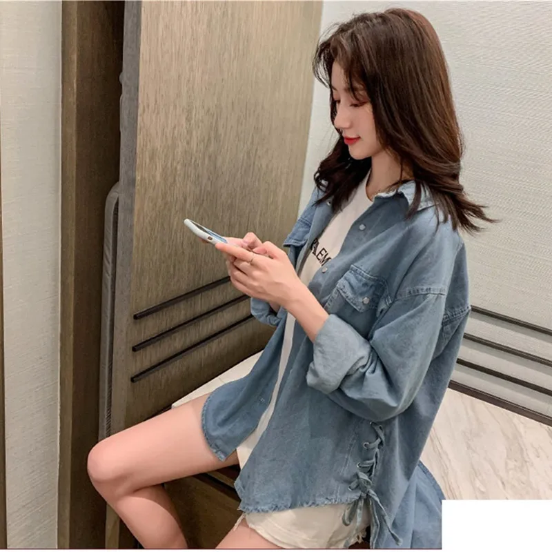 Женская джинсовая куртка свободная однотонная рубашка большого размера в