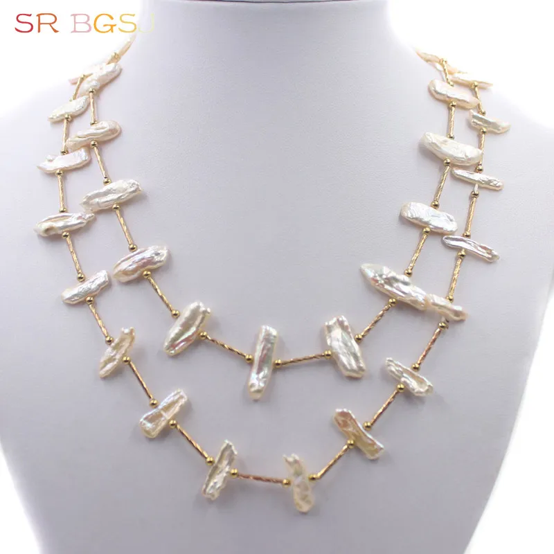 Free Shipping SR 6x20mm Freeform Freshwater Pearl Copper Spacer Handmade Women Rope Necklace 19