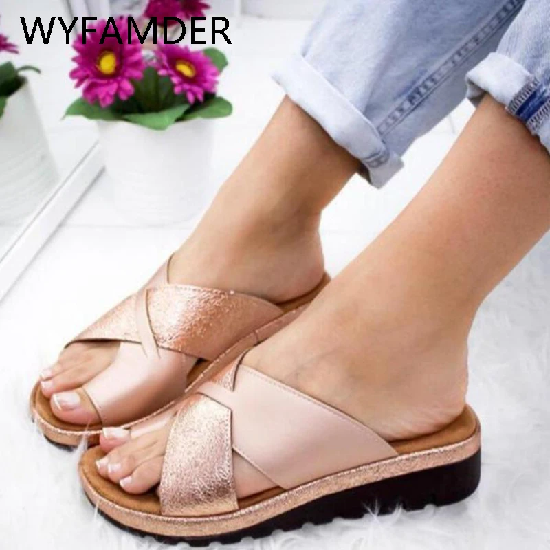 

WYFAMDER Hot Women Slippers 2019 Summer Lady Flip Flops Cross Tied Wedges Women Sandals Big Sizes 35-43 Gold/Silver Shoes WL5