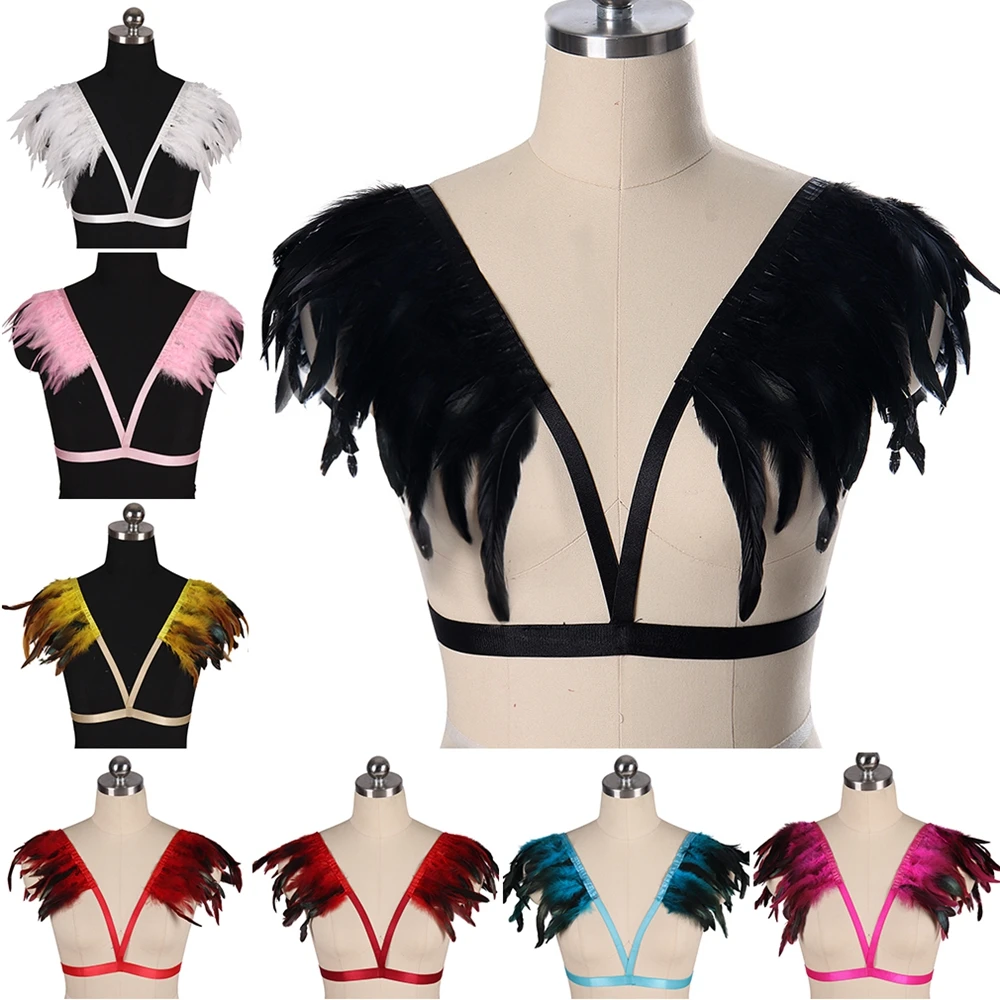 Rave Wear портупея с перьями модный бондаж на грудь в стиле панк экзотические